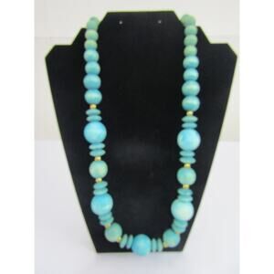 Turquoise Wood Bead Gold Tone Necklace Boho Artsy Cottagecore Vintage 24"‎